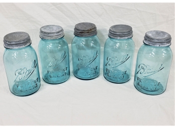 Vintage Quart Ball Perfect Mason Fruit Canning Jars With Zinc Lids Group- ~5 Pieces